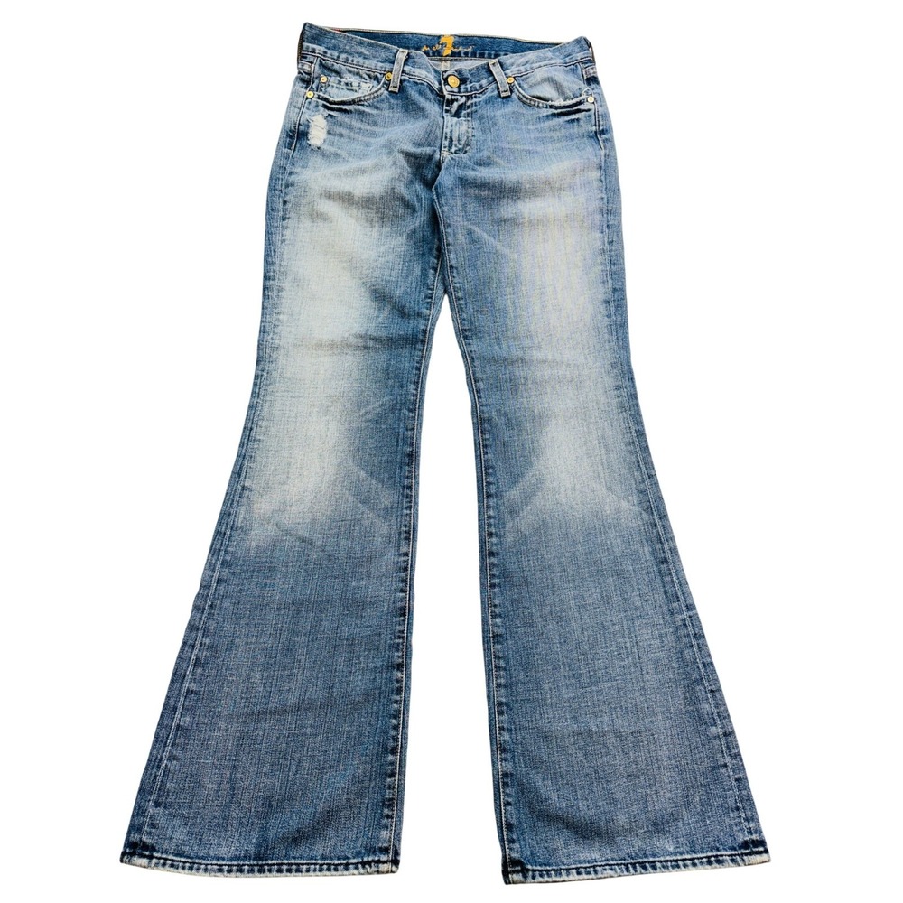 7 For All Mankind Distressed Flare Jeans Women's 32 Light Blue Low Rise Wide Leg